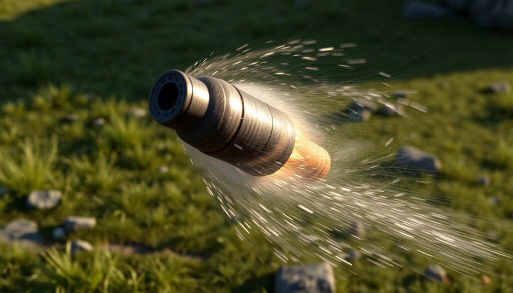 A detailed 3D render of a projectile in mid-flight, with swirling air currents and wind patterns visible around it. The projectile, possibly a cannon ball or artillery shell, is shown against a realistic background, such as a grassy field or rocky terrain. The lighting is dramatic, with shadows and highlights accentuating the motion and interaction with the air. The scene conveys a sense of force and dynamism, illustrating the complex effects of air resistance and wind on the projectile's trajectory.