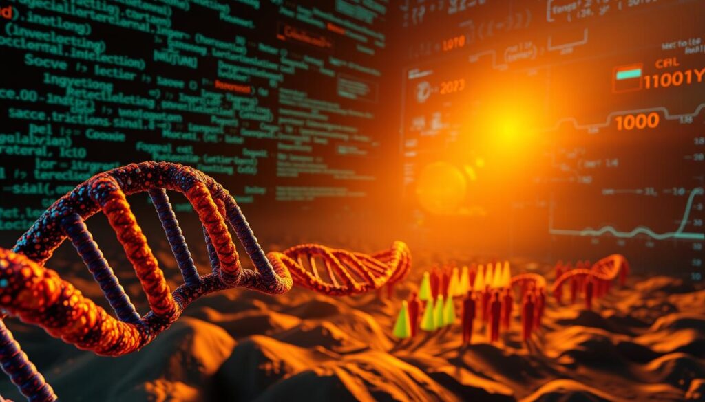A detailed cross-section of the fundamental components that power a genetic algorithm. In the foreground, a vibrant chromosomal structure made up of varying gene sequences, each encoding potential solutions. In the middle ground, a population of diverse individuals undergoing selection, crossover, and mutation processes, their fitness levels visualized through a dynamic heatmap. In the background, a stylized landscape of binary code, mathematical equations, and abstract data visualizations, all converging to drive the algorithm's iterative optimization. Illuminated by a warm, focused light that casts dramatic shadows, conveying the intricate, almost organic nature of this computational problem-solving technique.