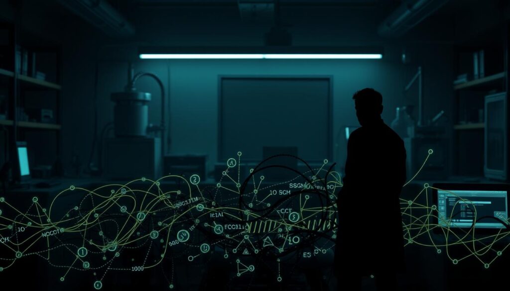 A dimly lit laboratory setting, with scientific equipment and glowing computer screens in the background. In the foreground, a tangled web of genetic code and algorithmic symbols, representing the complexities and limitations of genetic algorithms. Shadowy figures stand contemplating the limitations, their expressions conveying a sense of frustration and uncertainty. The lighting is moody, with deep shadows and highlights that emphasize the technical and conceptual challenges. The overall atmosphere is one of scientific exploration and the struggle to overcome the obstacles inherent in genetic algorithm-based problem-solving.