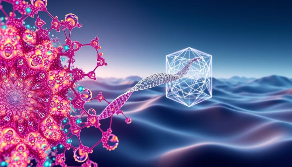 A hyper-realistic digital artwork depicting the mathematical essence of genetic algorithms. In the foreground, a complex fractal pattern pulsates with vibrant, kaleidoscopic hues, symbolizing the iterative nature of these optimization techniques. In the middle ground, a transparent 3D wireframe model rotates, showcasing the geometric complexities inherent in mathematical problem domains. The background is a serene, ethereal landscape of softly blurred gradients, hinting at the vast, unexplored possibilities genetic algorithms can uncover. Dramatic cinematic lighting casts dramatic shadows, imbuing the scene with a sense of scientific gravitas. Captured with a wide-angle lens to emphasize the grand, visionary scale of the concept.