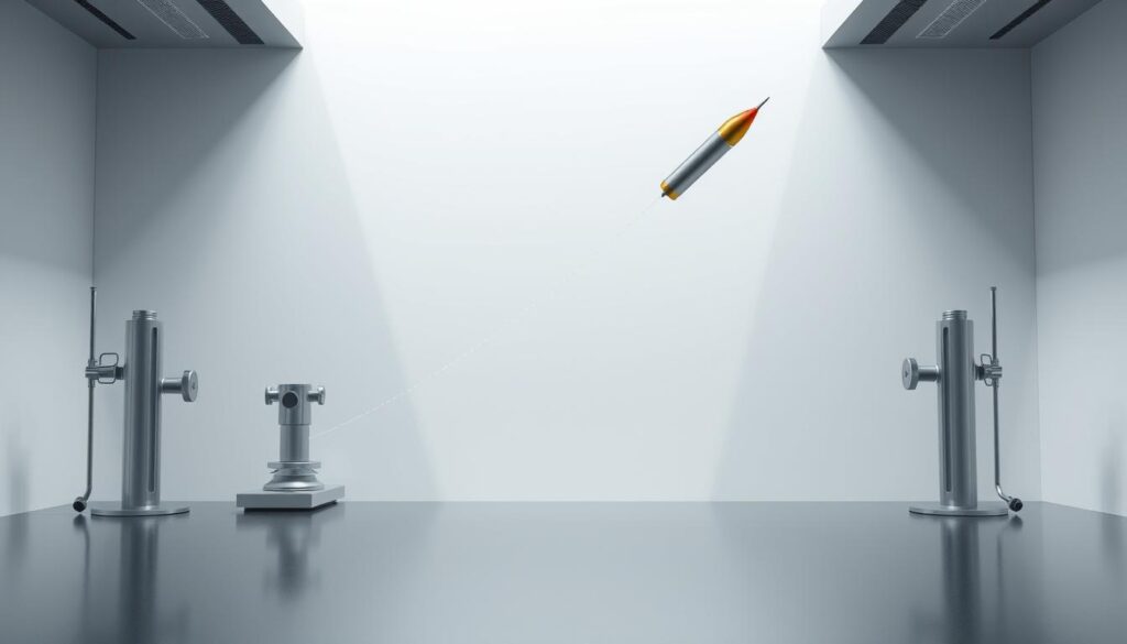 A realistic, highly detailed 3D simulation of projectile motion, showcasing the path of a projectile launched into the air. The scene features a clean, minimalist laboratory setting with sleek, metallic surfaces and precise measurement instruments. Crisp, directional lighting casts dramatic shadows, emphasizing the trajectory of the projectile as it arcs gracefully through the air. The projectile itself is rendered with photorealistic precision, its motion captured in a series of discrete positions, allowing the viewer to visualize the underlying mathematical principles. The overall atmosphere is one of scientific inquiry and exploration, inviting the viewer to delve deeper into the dynamics of projectile motion.
