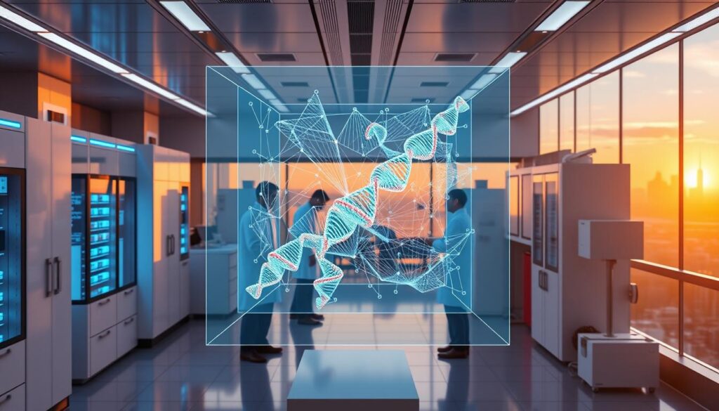 A sleek, modern laboratory with state-of-the-art equipment. In the foreground, a holographic display projects a complex 3D visualization of a genetic algorithm optimization process, with colorful lines and shapes representing the evolution of potential solutions. The middle ground features a team of scientists in white lab coats, deeply engaged in analyzing the data and refining the algorithm. The background showcases a panoramic view of the city skyline, bathed in the warm glow of the setting sun, hinting at the broader applications and real-world impact of this powerful computational technique.