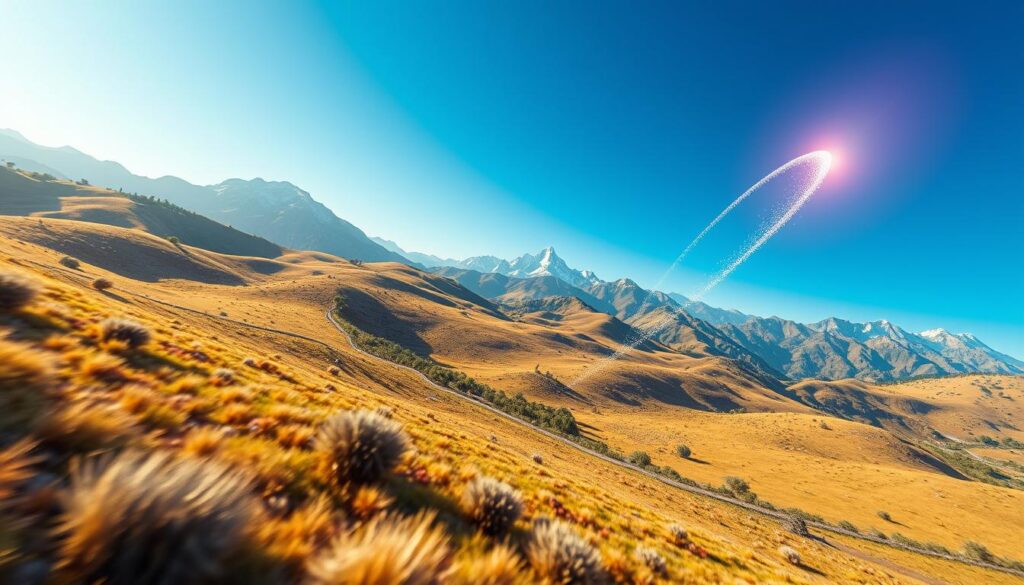 A vibrant, hyper-realistic 3D rendering of a trajectory visualization depicting the parabolic motion of a projectile through a crisp, vividly-lit environment. The foreground showcases the projectile's path, a vivid arc of glowing particles trailing behind it. The middle ground features a detailed landscape with rolling hills, lush vegetation, and a clear blue sky. Dramatic lighting casts long shadows and highlights the trajectory's curvature. In the background, a towering mountain range stands tall, creating a sense of depth and scale. The overall scene conveys a harmonious balance between scientific precision and natural beauty, inviting the viewer to explore the principles of projectile motion.