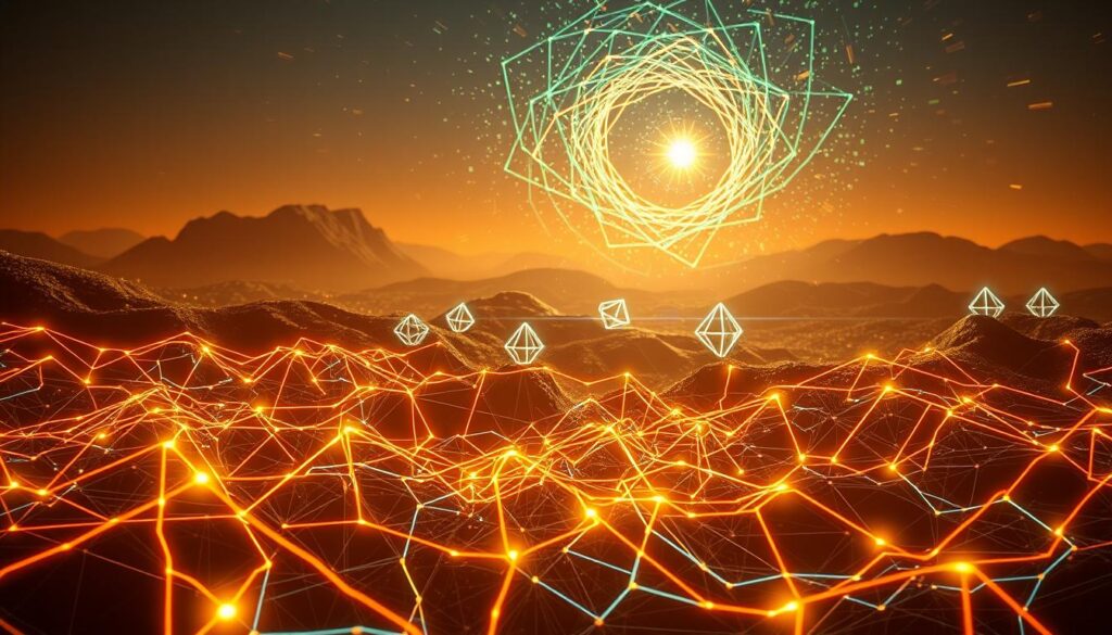 A visually striking landscape depicting the optimization process of genetic algorithms. In the foreground, a tangled network of glowing, neon-colored lines representing the interconnected genes and chromosomes that make up the algorithmic solutions. The middle ground features a series of geometric shapes and forms, each representing a potential solution, their positions shifting and evolving as the optimization progresses. In the background, a swirling vortex of data and information, symbolizing the complex mathematical challenges being tackled. The scene is bathed in a warm, subdued lighting, creating a sense of depth and dimension. The overall mood is one of dynamism, exploration, and the pursuit of mathematical enlightenment.