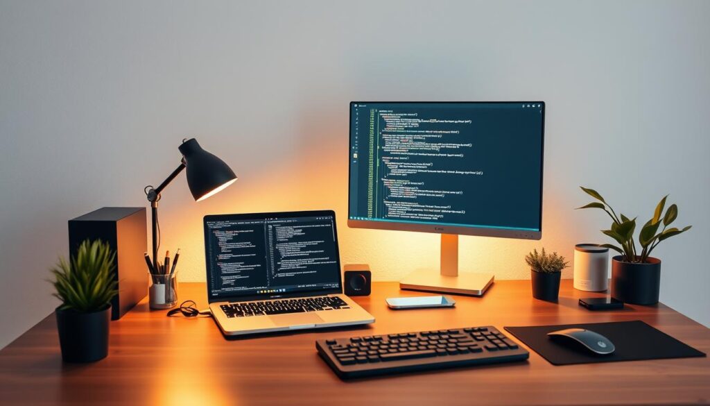 A well-lit, modern coding workspace with a minimalist desk setup. On the desk, a sleek laptop with a minimalistic design, a high-resolution monitor displaying code, and a stylized mechanical keyboard. Elegant office supplies and a potted plant accent the scene. Warm task lighting illuminates the workspace, creating a focused and productive atmosphere. The background features a clean, airy wall with subtle textures, hinting at a professional, distraction-free environment. The overall scene conveys a sense of organization, efficiency, and a passion for coding.